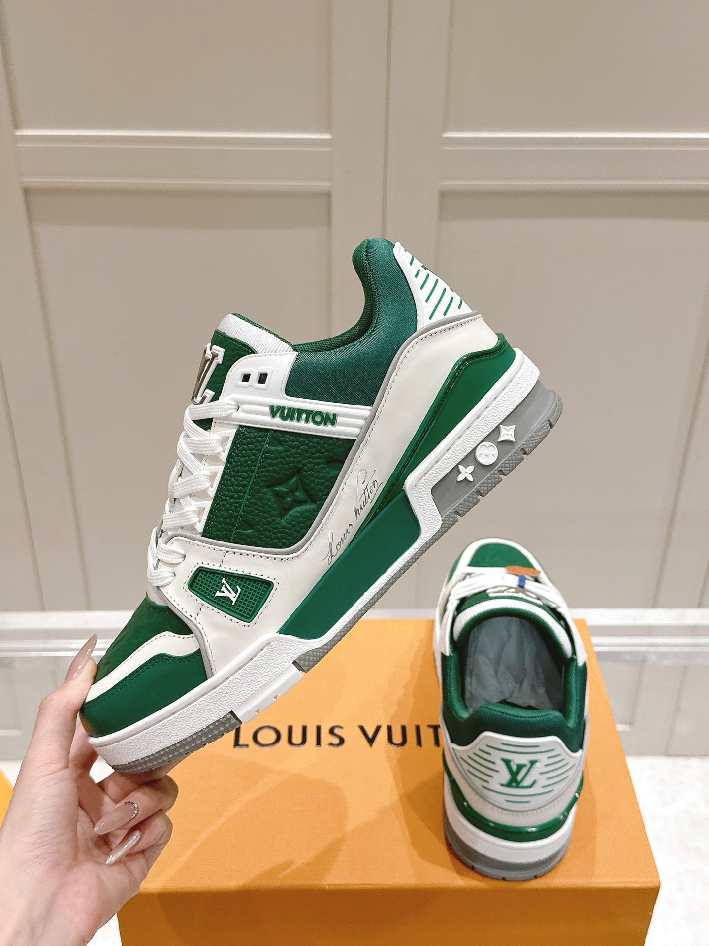 LOUIS VUITTON LV TRAINER SNEAKER IN BORNEO GREEN GRAINED CALFSKIN