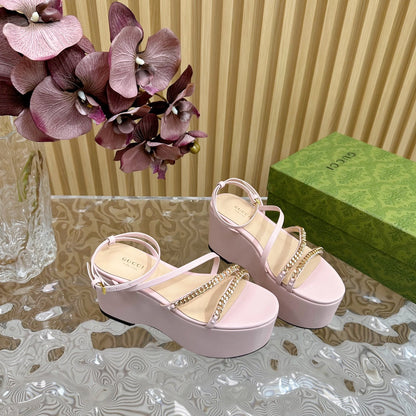 GUCCI PLATFORM SANDAL PASTEL PINK CALFSKIN WITH CHAINS
