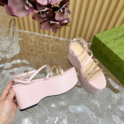 GUCCI PLATFORM SANDAL PASTEL PINK CALFSKIN WITH CHAINS