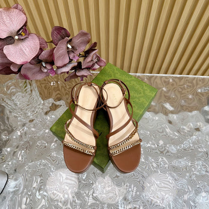 GUCCI PLATFORM SANDAL CARAMEL CALFSKIN WITH CHAINS