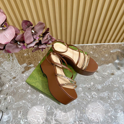 GUCCI PLATFORM SANDAL CARAMEL CALFSKIN WITH CHAINS
