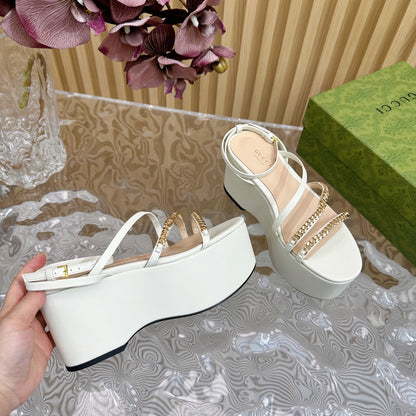 GUCCI PLATFORM SANDAL WHITE CALFSKIN WITH CHAINS