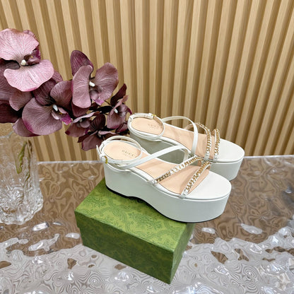 GUCCI PLATFORM SANDAL WHITE CALFSKIN WITH CHAINS