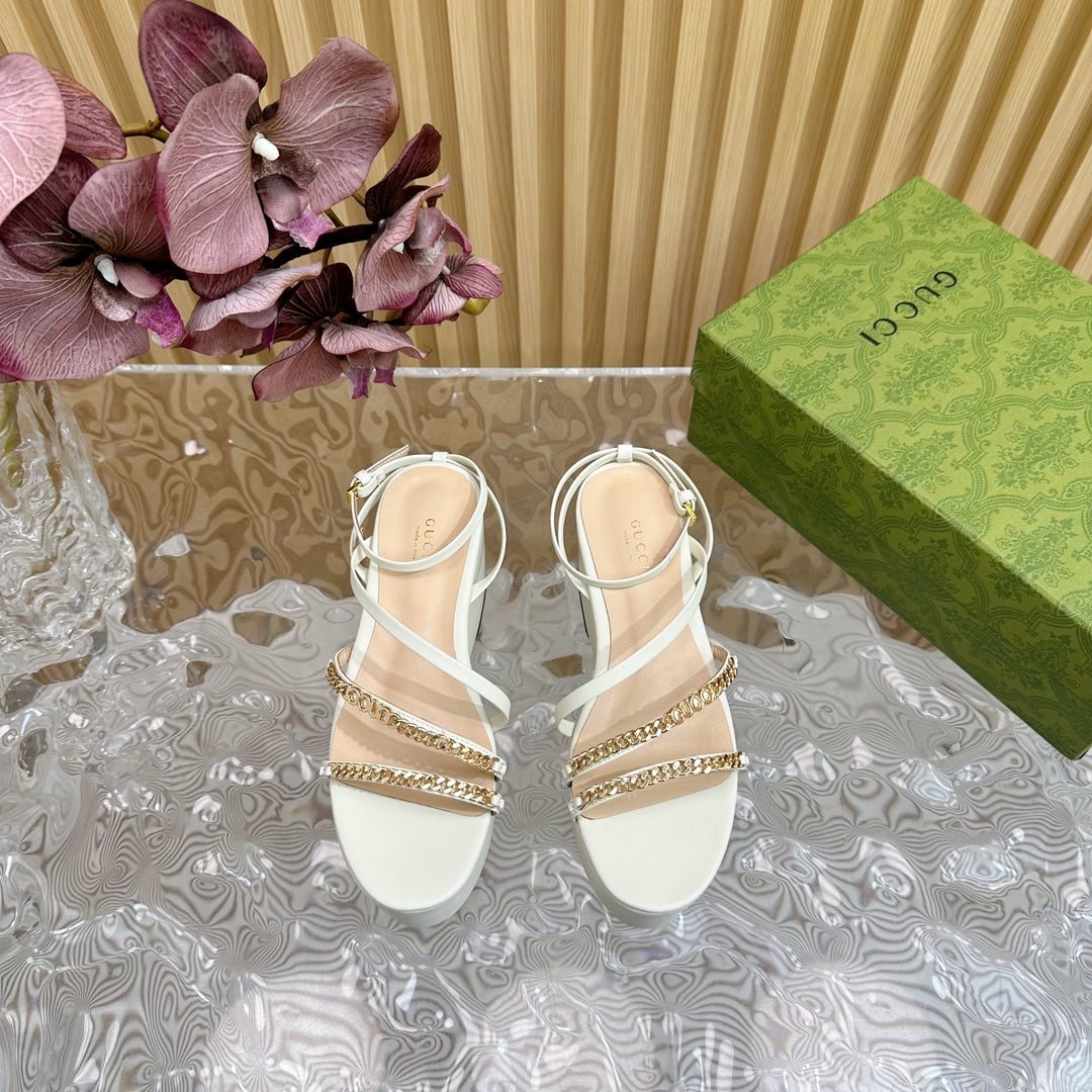 GUCCI PLATFORM SANDAL WHITE CALFSKIN WITH CHAINS