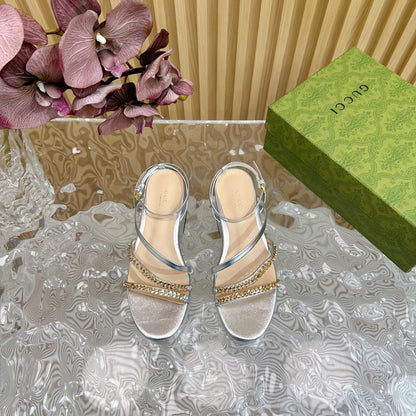 GUCCI PLATFORM SANDAL SILVER CALFSKIN WITH CHAINS