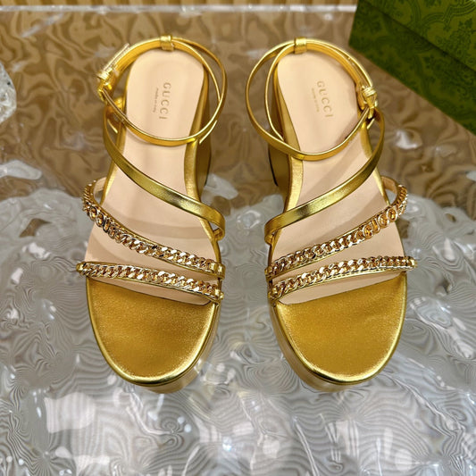 GUCCI PLATFORM SANDAL METALLIC GOLD CALFSKIN WITH CHAINS