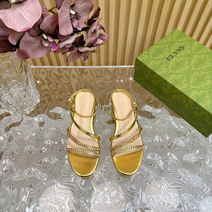 GUCCI PLATFORM SANDAL METALLIC GOLD CALFSKIN WITH CHAINS