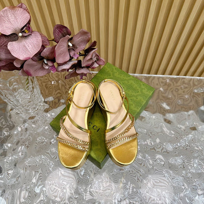 GUCCI PLATFORM SANDAL METALLIC GOLD CALFSKIN WITH CHAINS