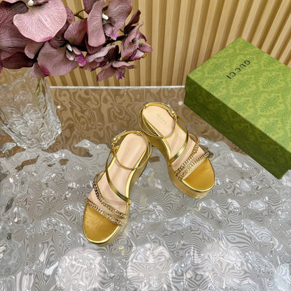 GUCCI PLATFORM SANDAL METALLIC GOLD CALFSKIN WITH CHAINS