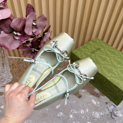 GUCCI BALLET FLAT IN JADE GREEN SILK WITH SILVER HARDWARE