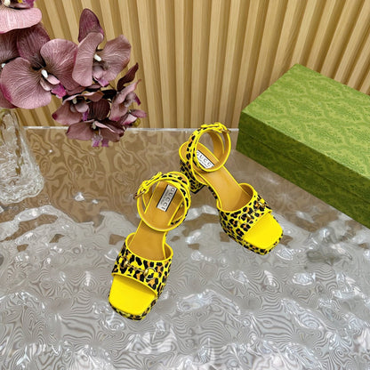 GUCCI HORSEBIT HIGH-HEEL SANDAL WITH LEOPARD PRINT IN BRIGHT YELLOW VELVET AND CALFSKIN LINING