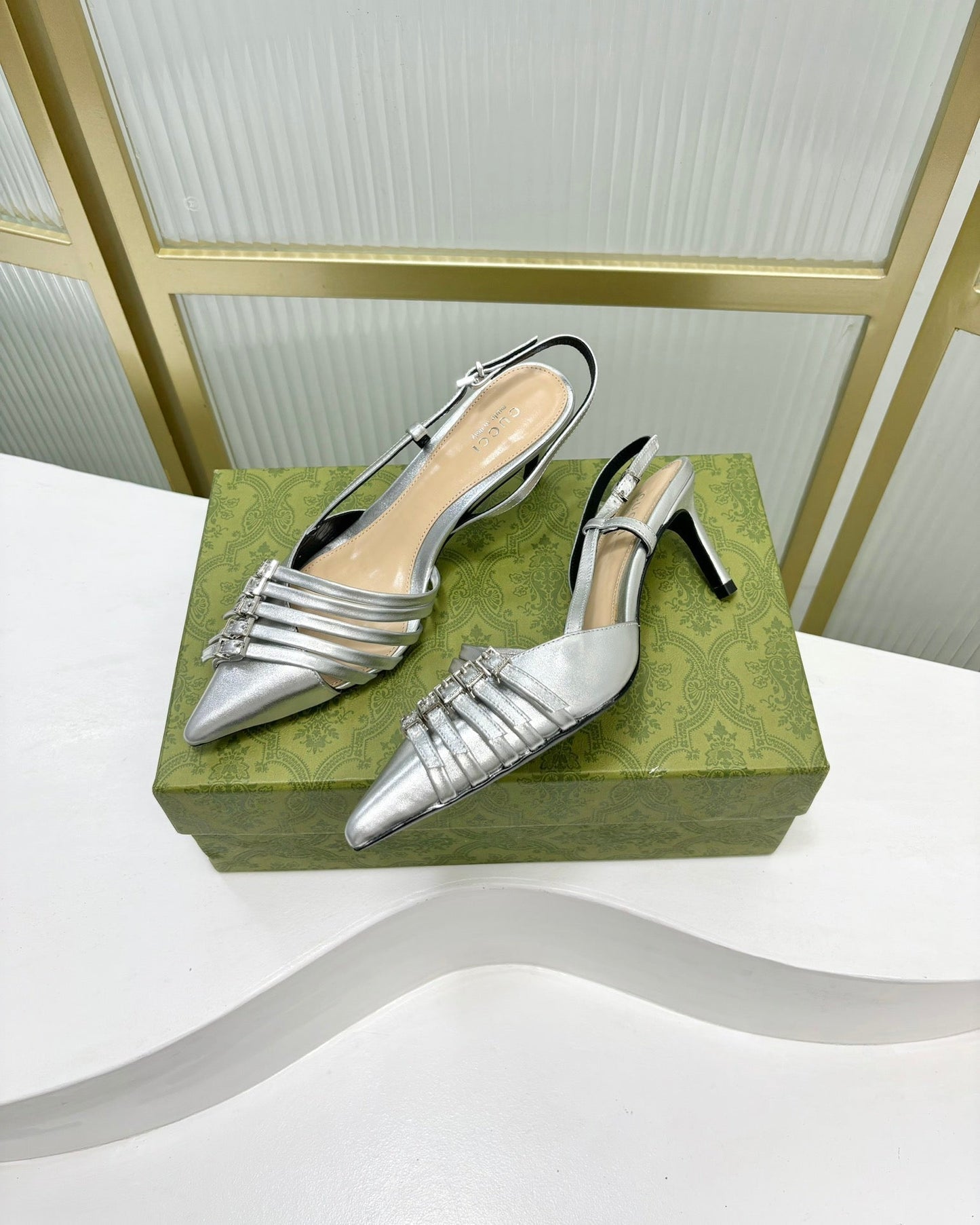 GUCCI SLINGBACK PUMP 6 CM IN SILVER GLOSSY CALFSKIN