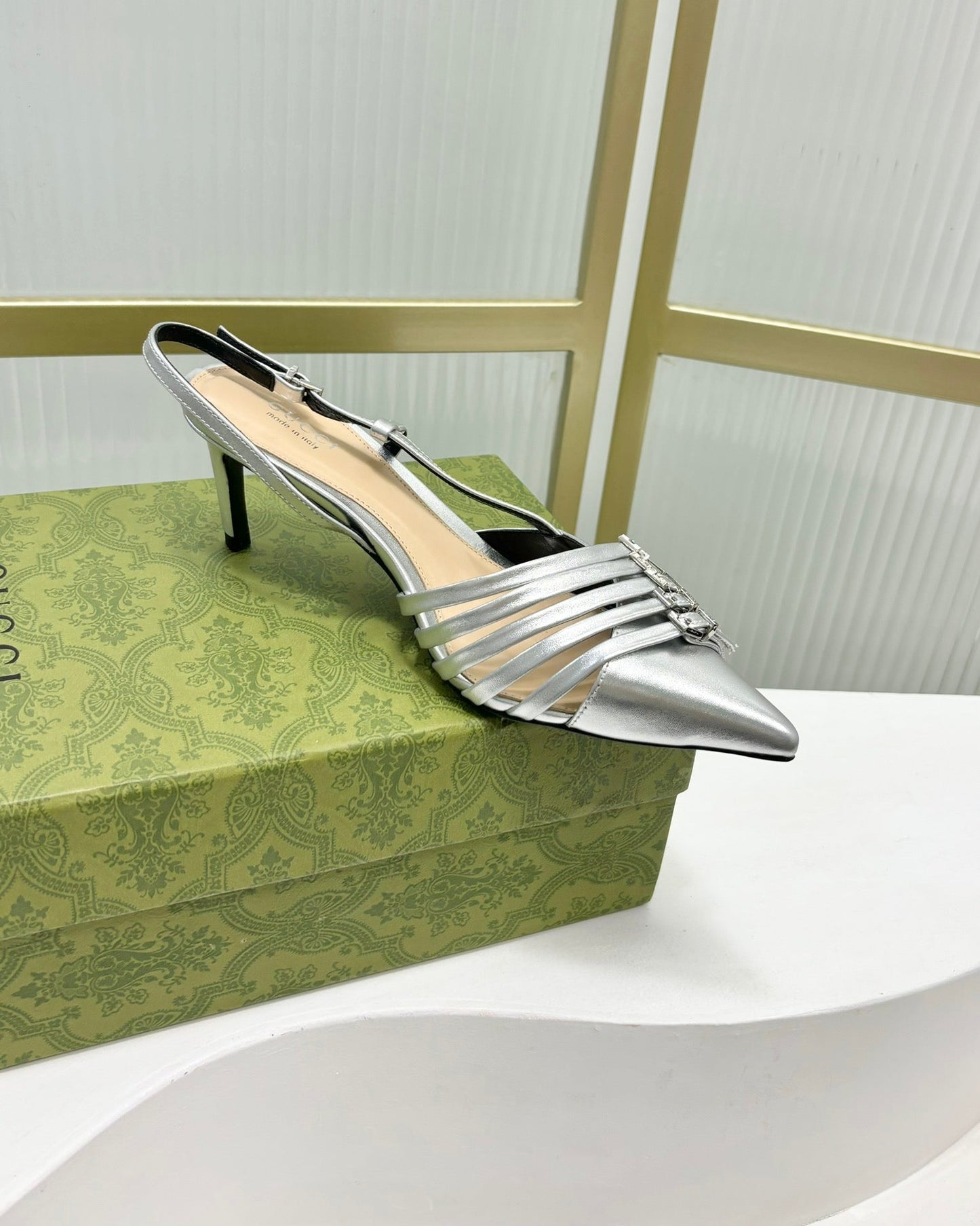 GUCCI SLINGBACK PUMP 6 CM IN SILVER GLOSSY CALFSKIN