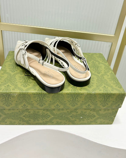 GUCCI STRAPPY FLAT SLINGBACK IN WHITE GLOSSY CALFSKIN