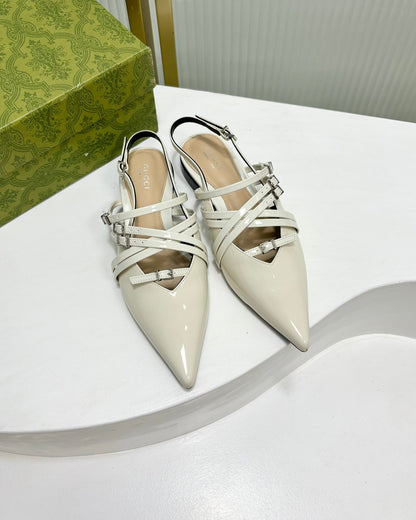 GUCCI STRAPPY FLAT SLINGBACK IN WHITE GLOSSY CALFSKIN