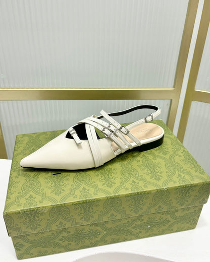 GUCCI STRAPPY FLAT SLINGBACK IN WHITE GLOSSY CALFSKIN