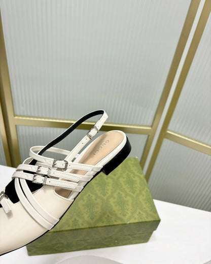 GUCCI STRAPPY FLAT SLINGBACK IN WHITE GLOSSY CALFSKIN