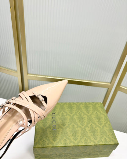 GUCCI STRAPPY FLAT SLINGBACK IN BEIGE CREAM GLOSSY CALFSKIN