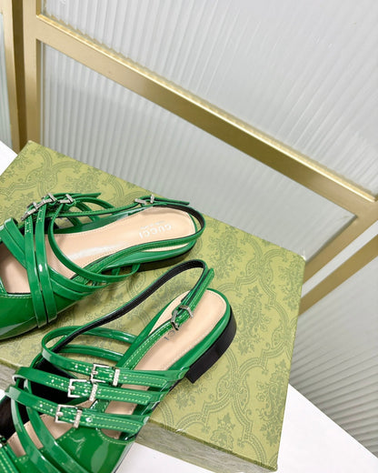 GUCCI STRAPPY FLAT SLINGBACK IN EMERALD GREEN GLOSSY CALFSKIN