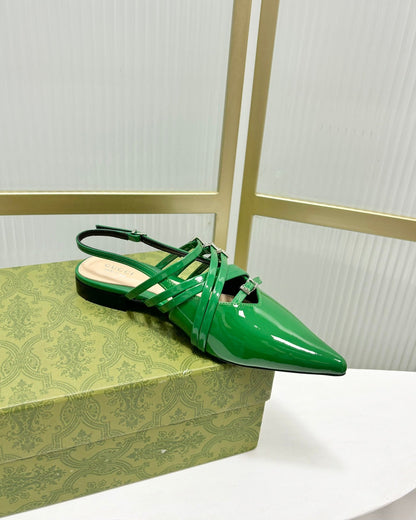 GUCCI STRAPPY FLAT SLINGBACK IN EMERALD GREEN GLOSSY CALFSKIN