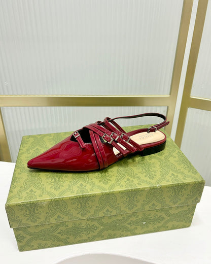 GUCCI STRAPPY FLAT SLINGBACK IN SCARLET RED GLOSSY CALFSKIN
