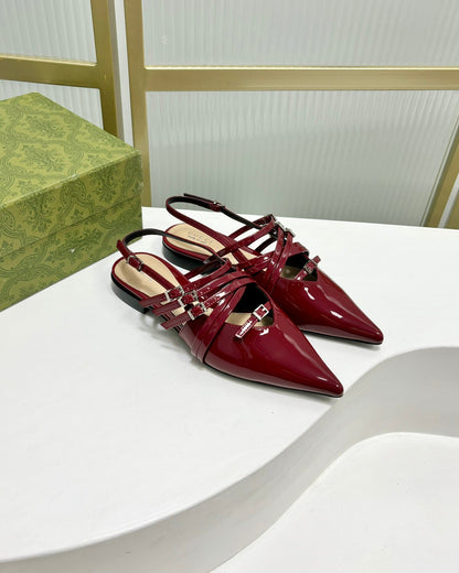 GUCCI STRAPPY FLAT SLINGBACK IN SCARLET RED GLOSSY CALFSKIN