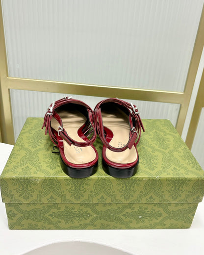 GUCCI STRAPPY FLAT SLINGBACK IN SCARLET RED GLOSSY CALFSKIN