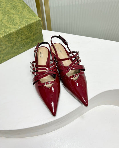 GUCCI STRAPPY FLAT SLINGBACK IN SCARLET RED GLOSSY CALFSKIN
