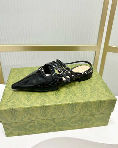 GUCCI STRAPPY FLAT SLINGBACK IN BLACK GLOSSY CALFSKIN