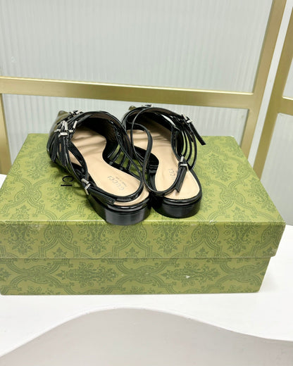 GUCCI STRAPPY FLAT SLINGBACK IN BLACK GLOSSY CALFSKIN