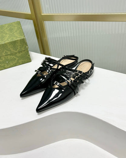 GUCCI STRAPPY FLAT SLINGBACK IN BLACK GLOSSY CALFSKIN