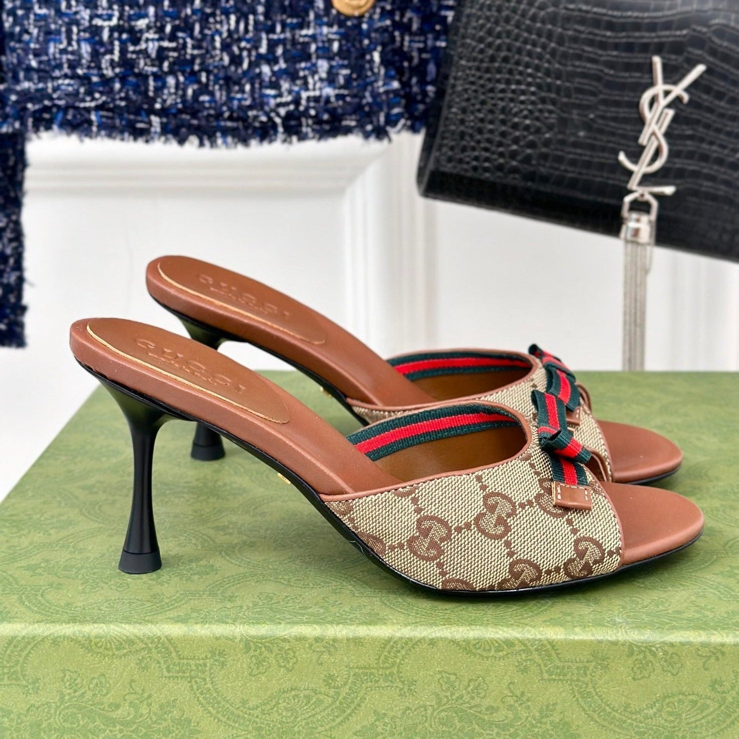GUCCI Vintage High Heel Slippers Brown
