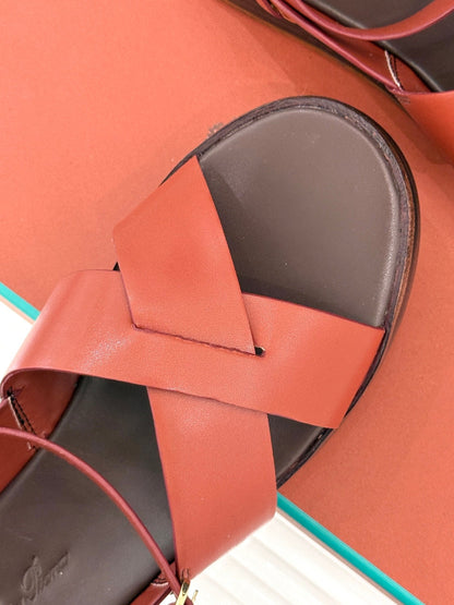 SANDALS THICK SOLE CROSS STRAP IN BURNT ORANGE AND BROWN CALFSKIN