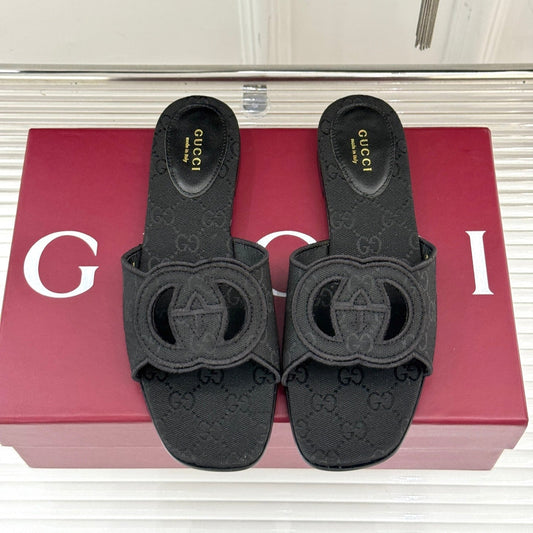 GUCCI SLIDE SANDALS IN BLACK FABRIC EMBOSSED LOGO STYLE 1