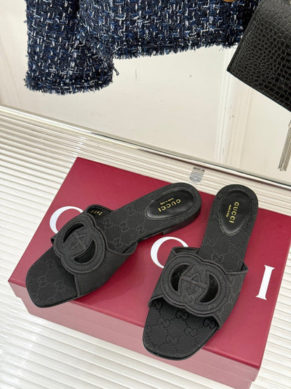 GUCCI SLIDE SANDALS IN BLACK FABRIC EMBOSSED LOGO STYLE 1