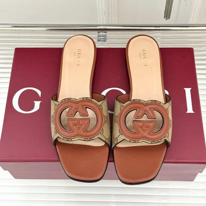 GUCCI SLIDE SANDALS IN BURNT BROWN AND LIGHT BEIGE CALFSKIN