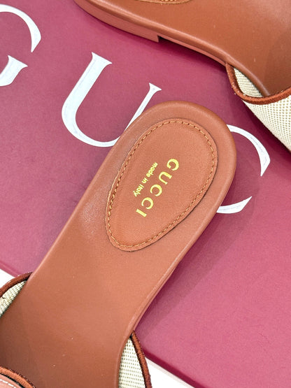 GUCCI SLIDE SANDALS IN BROWN AND CREAM WHITE CALFSKIN