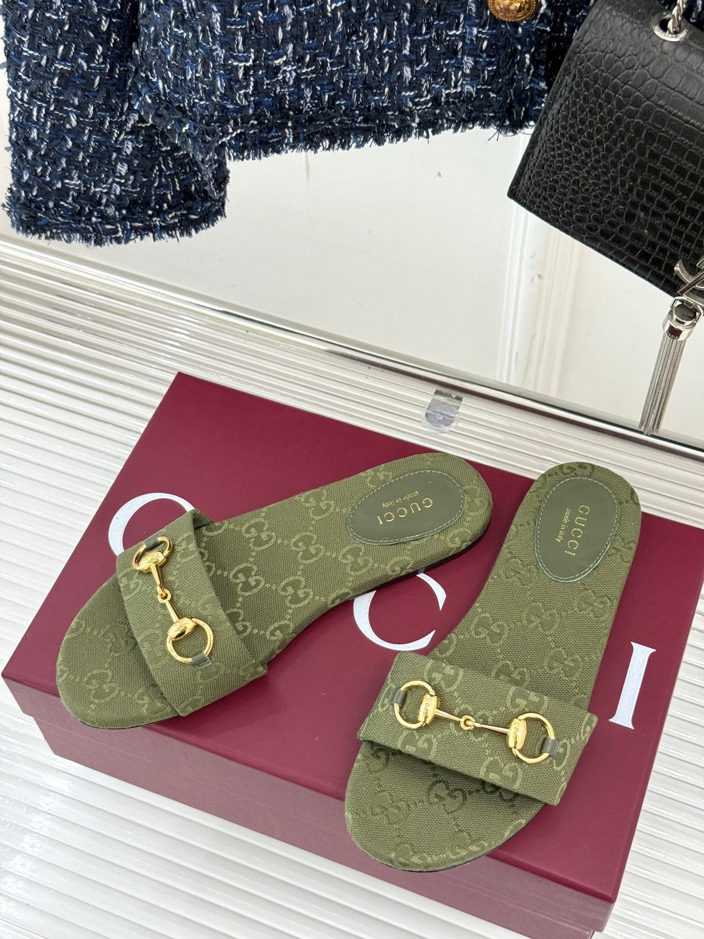 GUCCI SLIDE SANDALS IN MOSS GREEN FABRIC EMBOSSED LOGO
