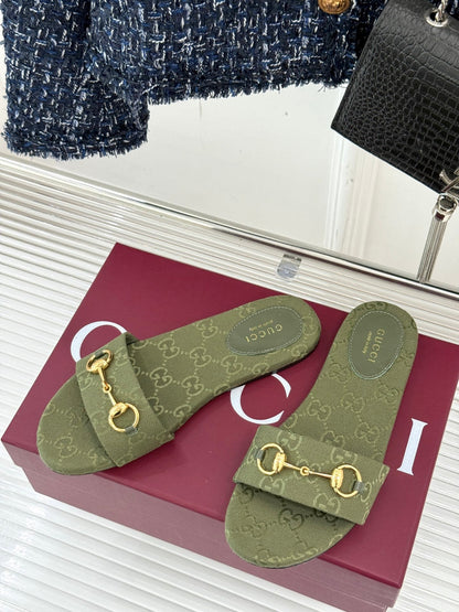 GUCCI SLIDE SANDALS IN MOSS GREEN FABRIC EMBOSSED LOGO