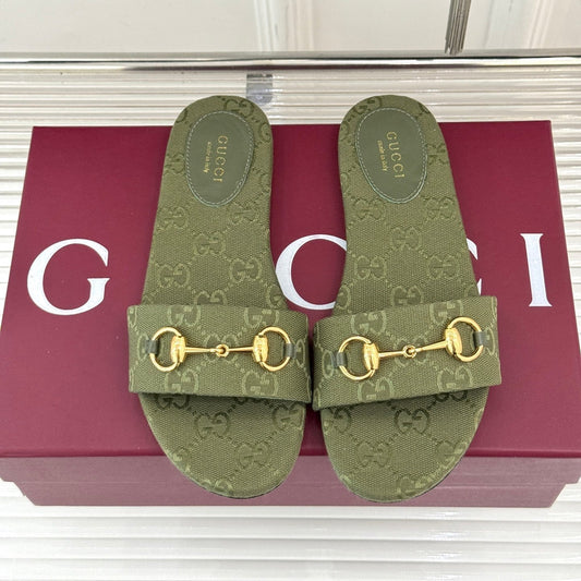 GUCCI SLIDE SANDALS IN MOSS GREEN FABRIC EMBOSSED LOGO