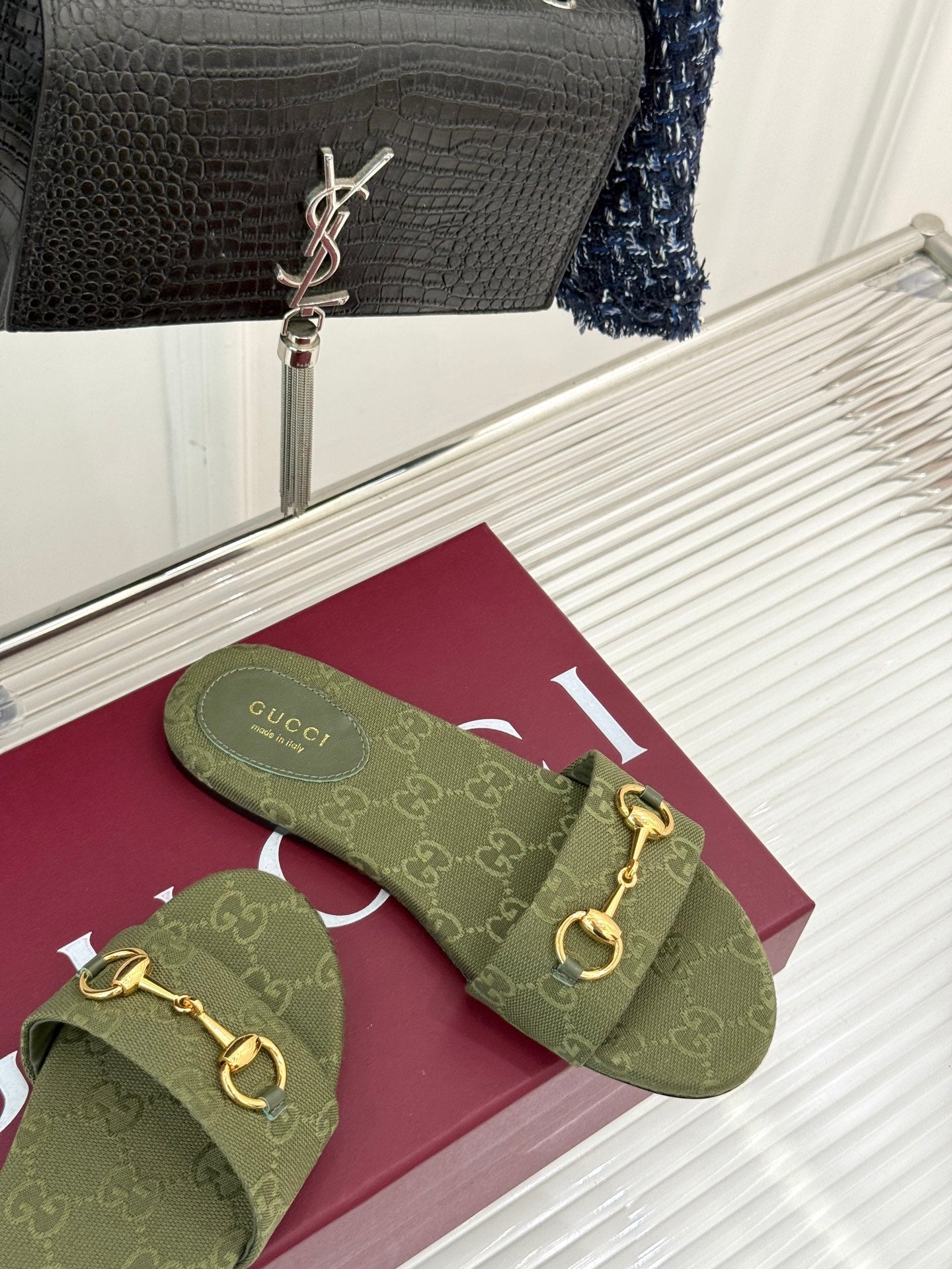 GUCCI SLIDE SANDALS IN MOSS GREEN FABRIC EMBOSSED LOGO