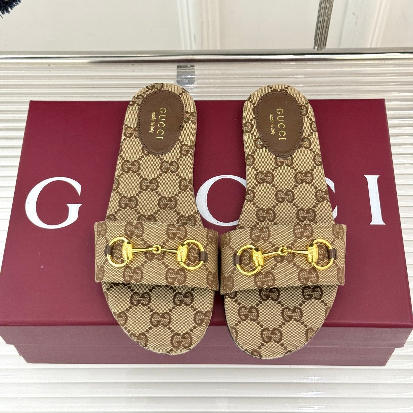 GUCCI SLIDE SANDALS IN DARK BEIGE FABRIC EMBOSSED LOGO