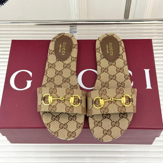 GUCCI SLIDE SANDALS IN DARK BEIGE FABRIC EMBOSSED LOGO