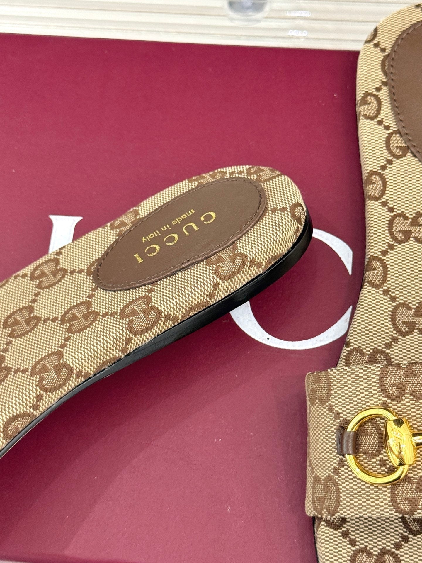 GUCCI SLIDE SANDALS IN DARK BEIGE FABRIC EMBOSSED LOGO