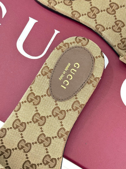 GUCCI SLIDE SANDALS IN DARK BEIGE FABRIC EMBOSSED LOGO