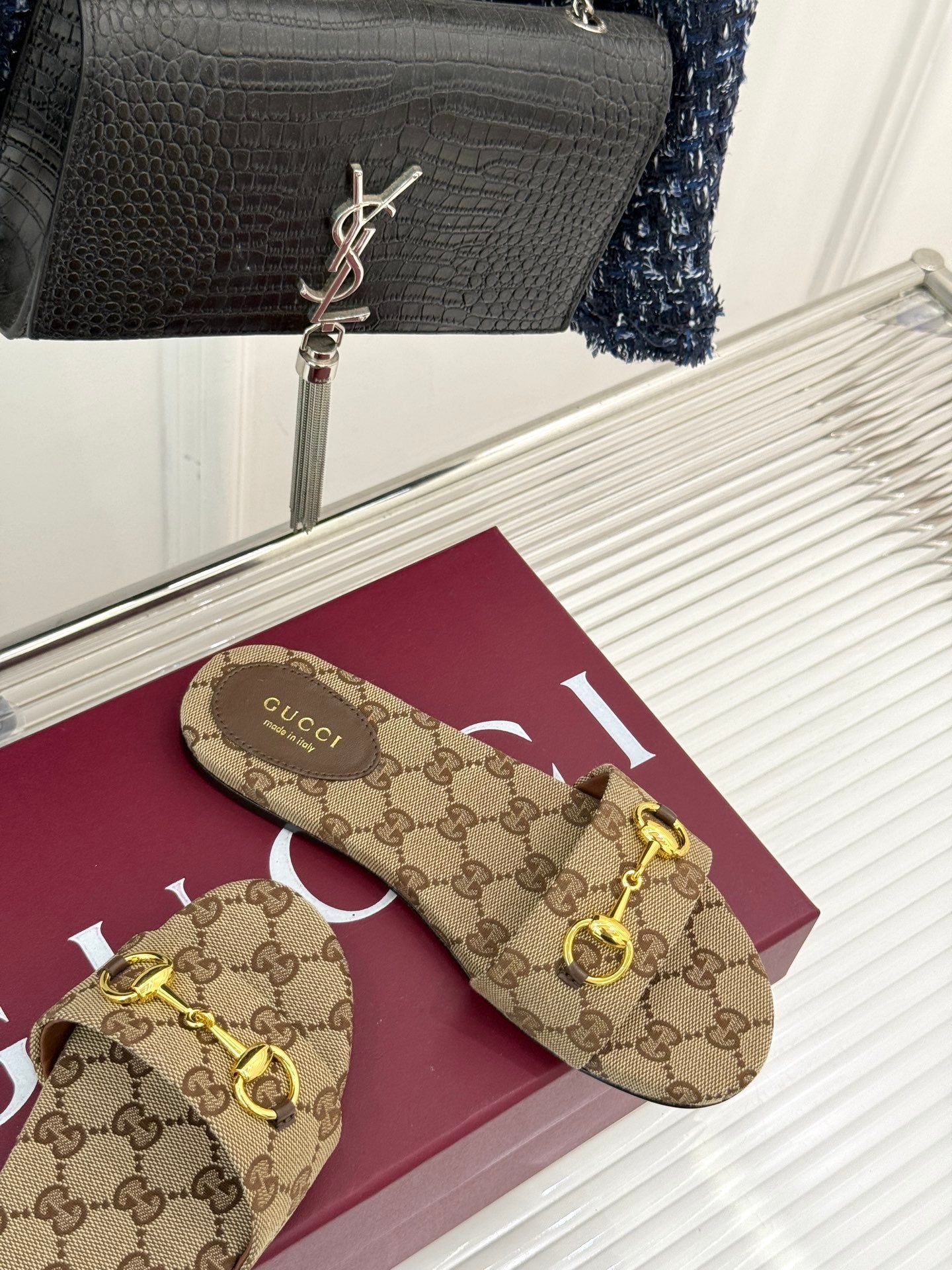 GUCCI SLIDE SANDALS IN DARK BEIGE FABRIC EMBOSSED LOGO