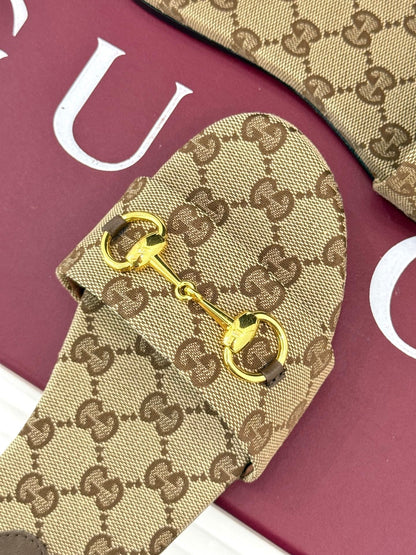 GUCCI SLIDE SANDALS IN DARK BEIGE FABRIC EMBOSSED LOGO