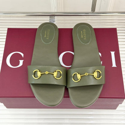 GUCCI SLIDE SANDALS IN MOSS GREEN CALFSKIN WITH GOLD HARDWARE