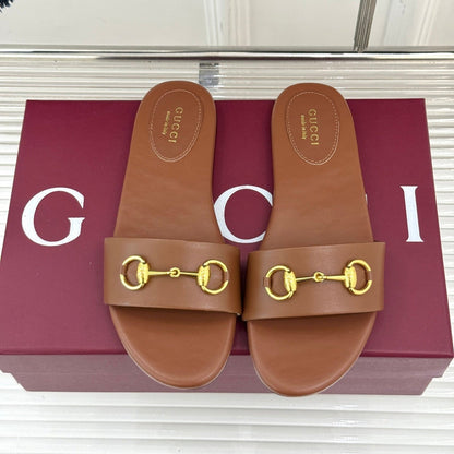 GUCCI SLIDE SANDALS IN BROWN CALFSKIN WITH GOLD HARDWARE