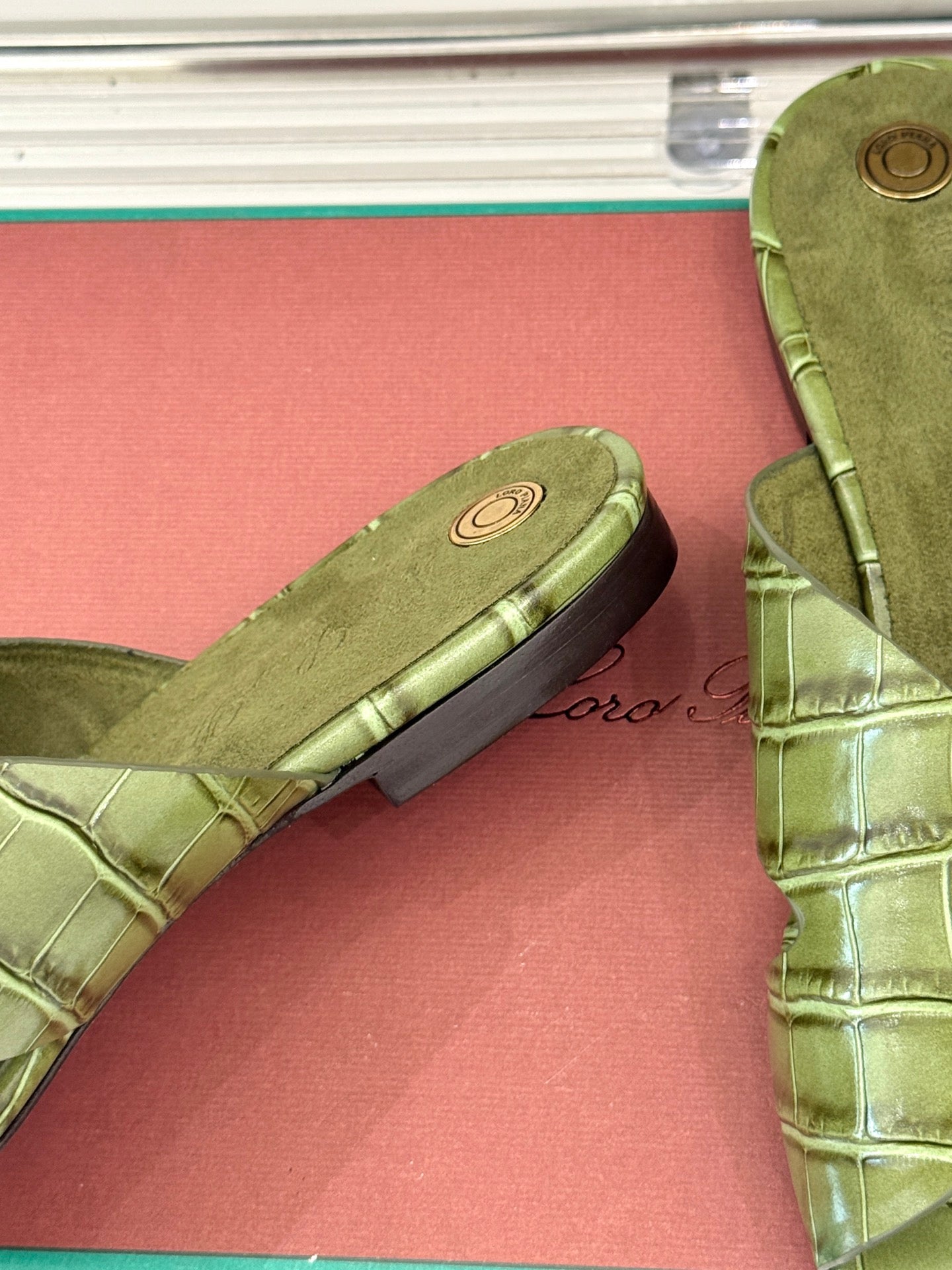 LP SANDALS 25S IN MOSS GREEN LAMBSKIN SNAKE EMBOSSING